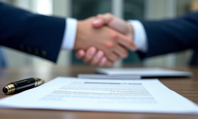 Close up of a signed employment contract and professional handshake