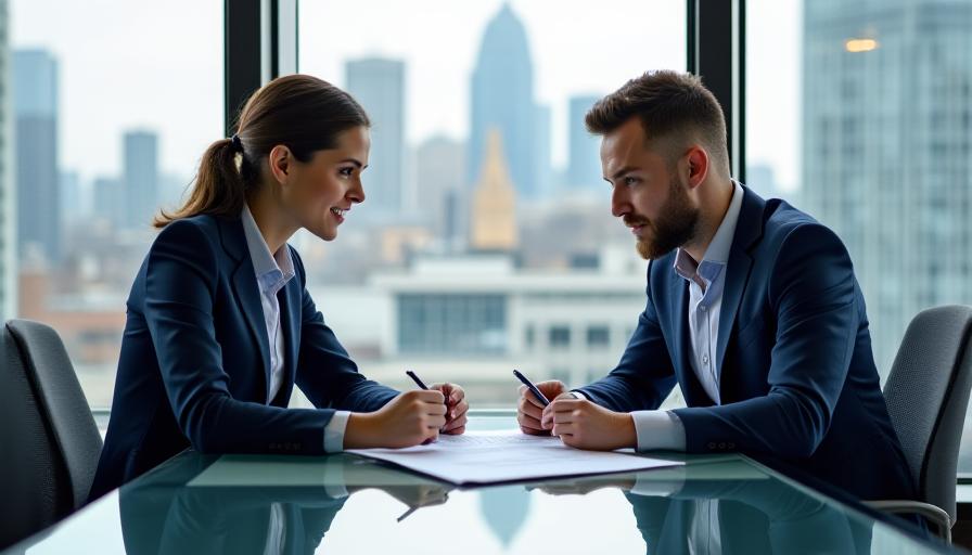 Two professionals discussing a contract in a modern London office