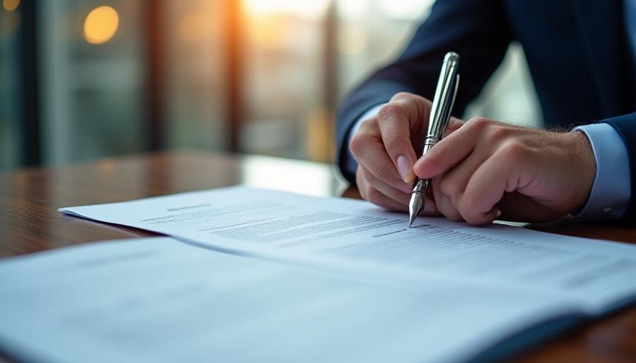 Close up of a professional signing a UK employment contract in a London office