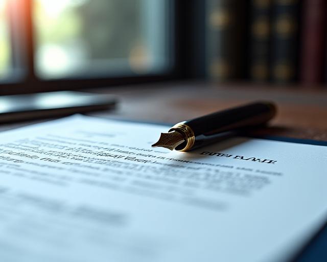 Close-up of a professional fountain pen resting on a detailed commercial contract, representing legal precision