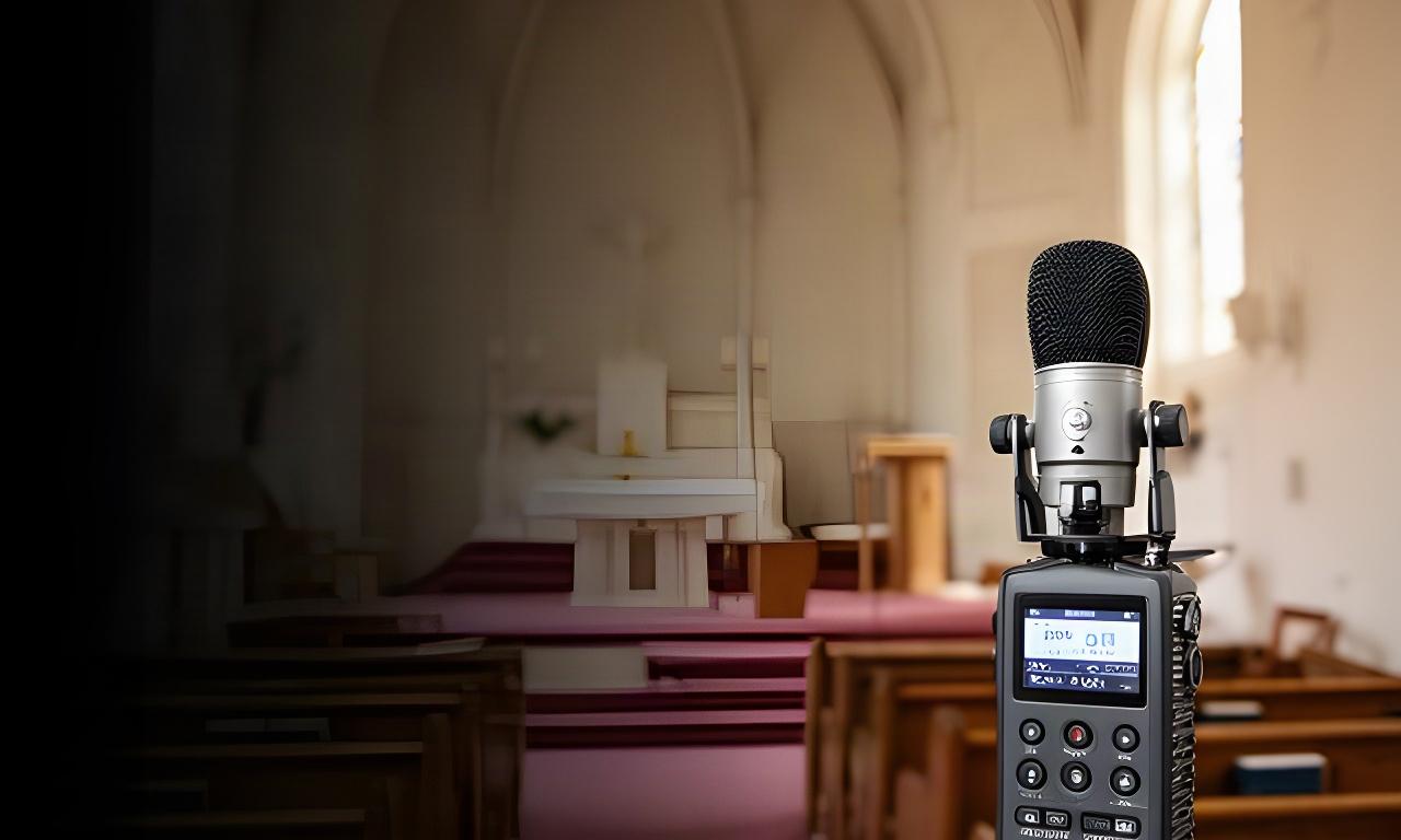 Kerkinterieur met microfoon en geluidsrecorder tijdens een rustige opname van een kerkdienst